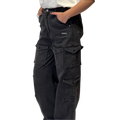 NVRFLD black utility cargo pants with multiple pockets shown on model with hands in pockets