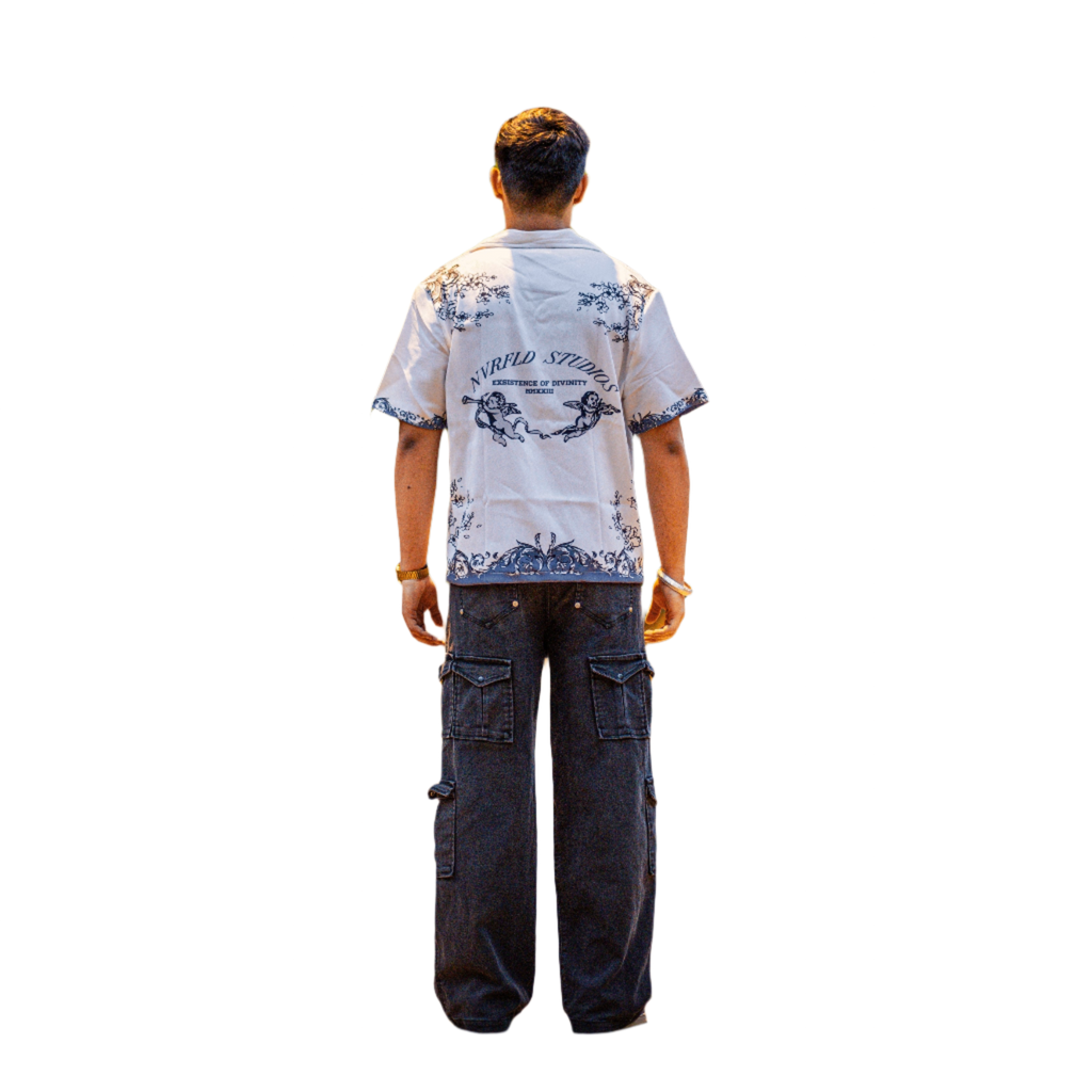 Back view of Renaissance shirt for men by NVRFLD with artistic black print on white fabric