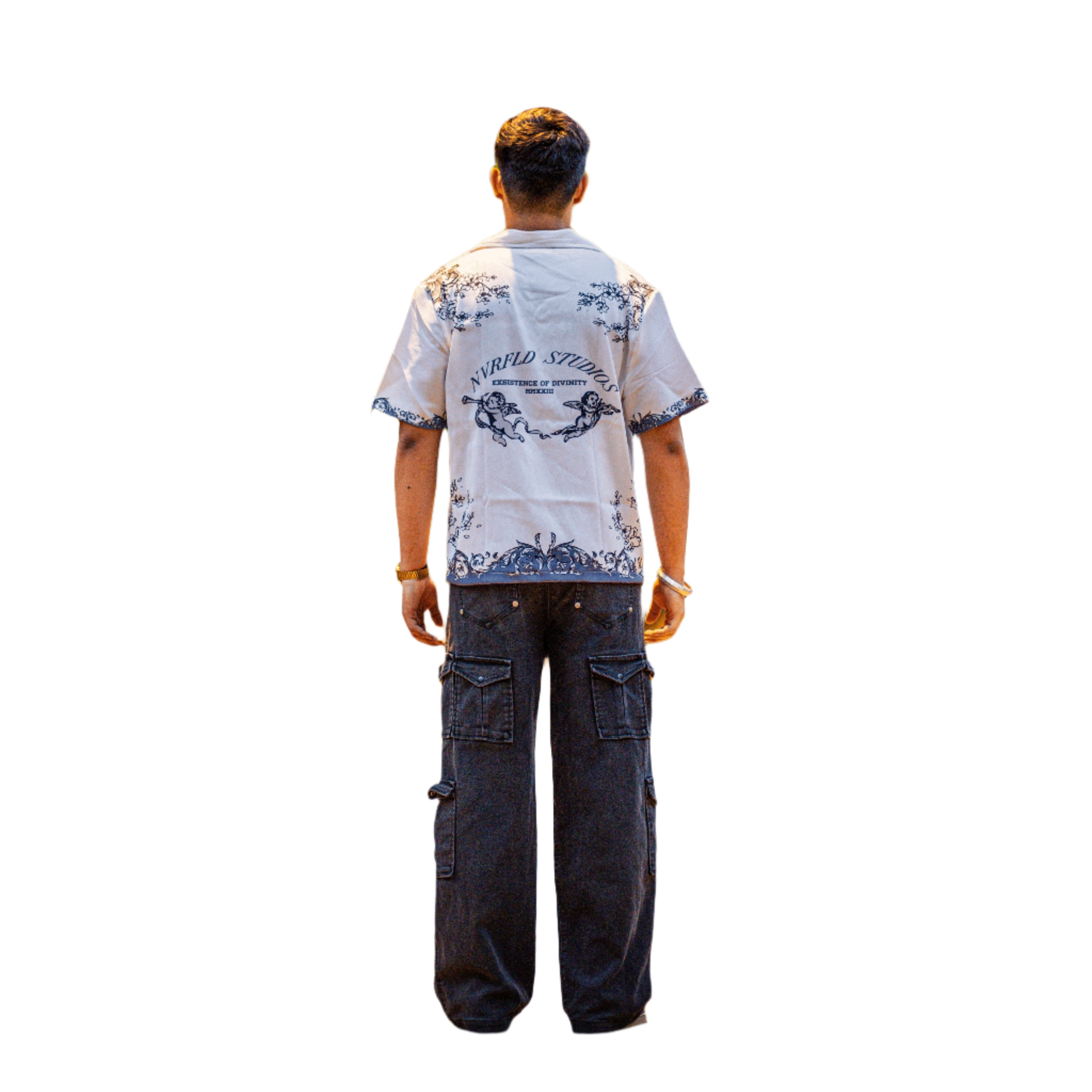 Back view of Renaissance shirt for men by NVRFLD with artistic black print on white fabric