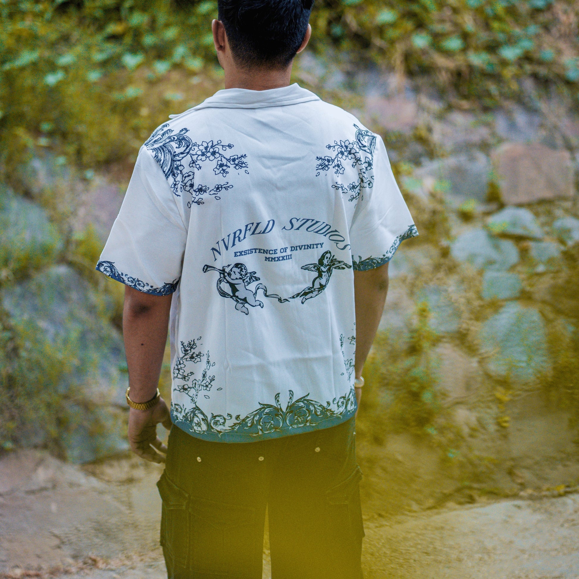 NVRFLD Renaissance shirt for men in white with artistic blue floral and cherub design on the back