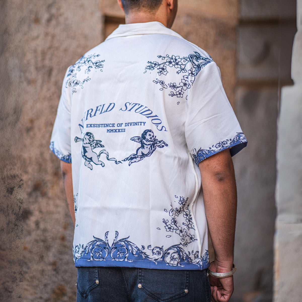 NVRFLD Renaissance shirt for men in white with blue intricate angel and floral designs on back
